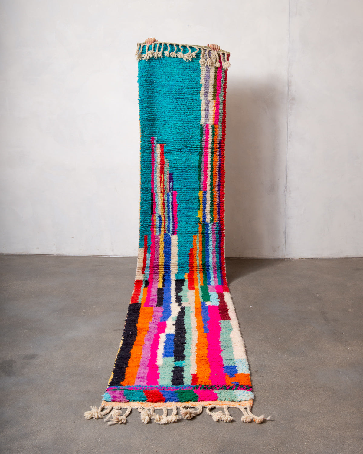 Modern, designer, handcrafted Berber runner rug from Morocco. Vintage carpet with beautiful colours and patterns and fluffy texture.